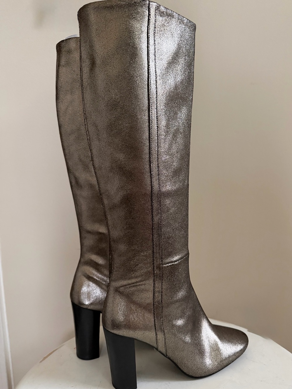 New-Boden pewter Metallic knee high block heel boots in 38-7 US